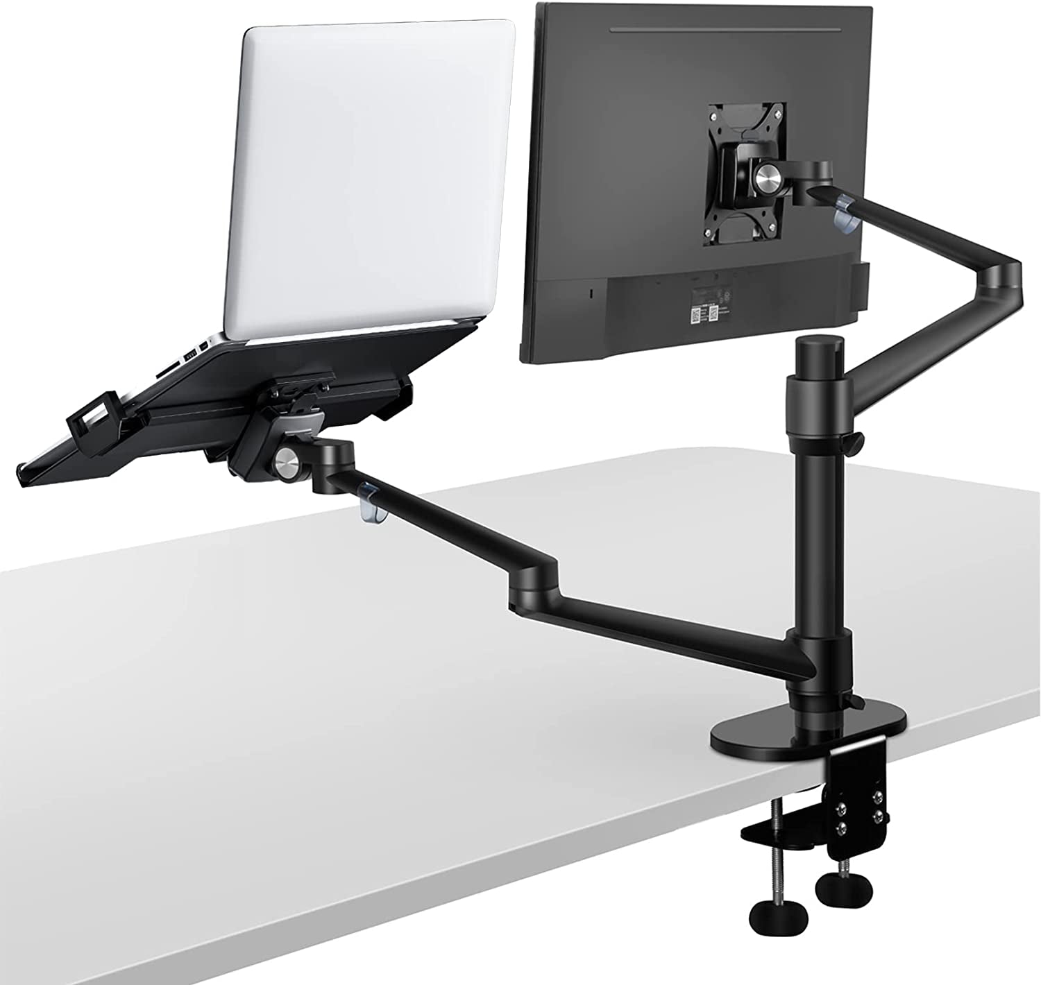 Monitor and Laptop Mount, 2-In-1 Adjustable Dual Arm Desk Mounts Single Desk Arm Stand/Holder for 17 to 32 Inch LCD Computer Screens, Extra Tray Fits 12 to 17 Inch Laptops (Black)