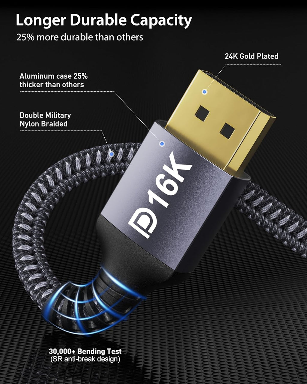 Displayport 2.1 Cable 6.6FT, 80Gbps [16K@60Hz, 8K@120Hz, 4K@240Hz, 1080P@360Hz] HDR, HDCP, DSC 1.2A, Freesync G-Sync DP Cable for Gaming Monitor, RTX 5090, RX 9070, RTX 6000 Ada