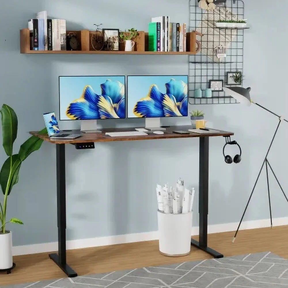 55" X 24" Electric Standing Desk Adjustable Height, 4 Memory Height Settings, Headphone Hook, Cable Manager, Sit Stand up Desk for Home Office & Computer Workstation, (Brown)