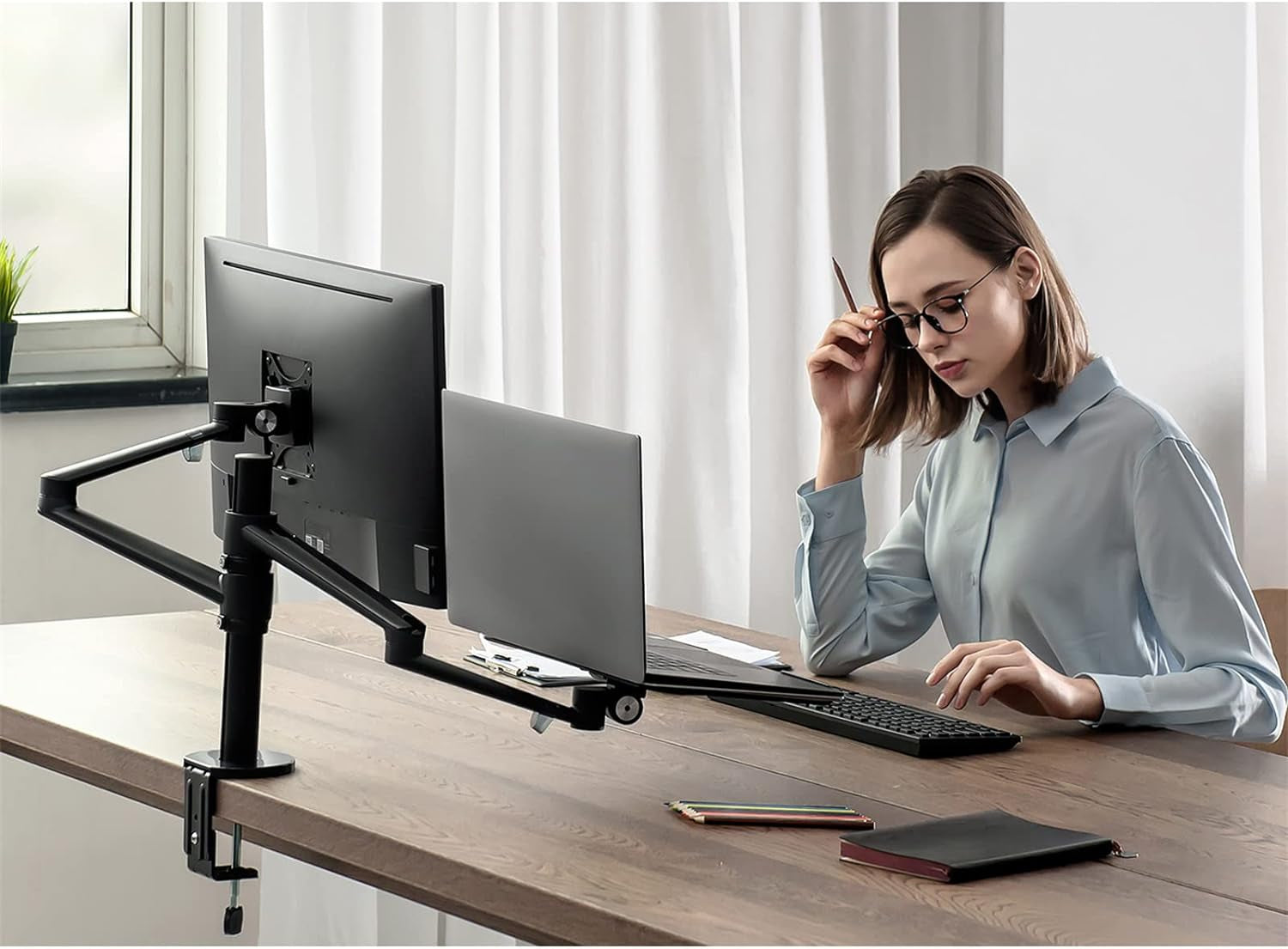 Monitor and Laptop Mount, 2-In-1 Adjustable Dual Arm Desk Mounts Single Desk Arm Stand/Holder for 17 to 32 Inch LCD Computer Screens, Extra Tray Fits 12 to 17 Inch Laptops (Black)