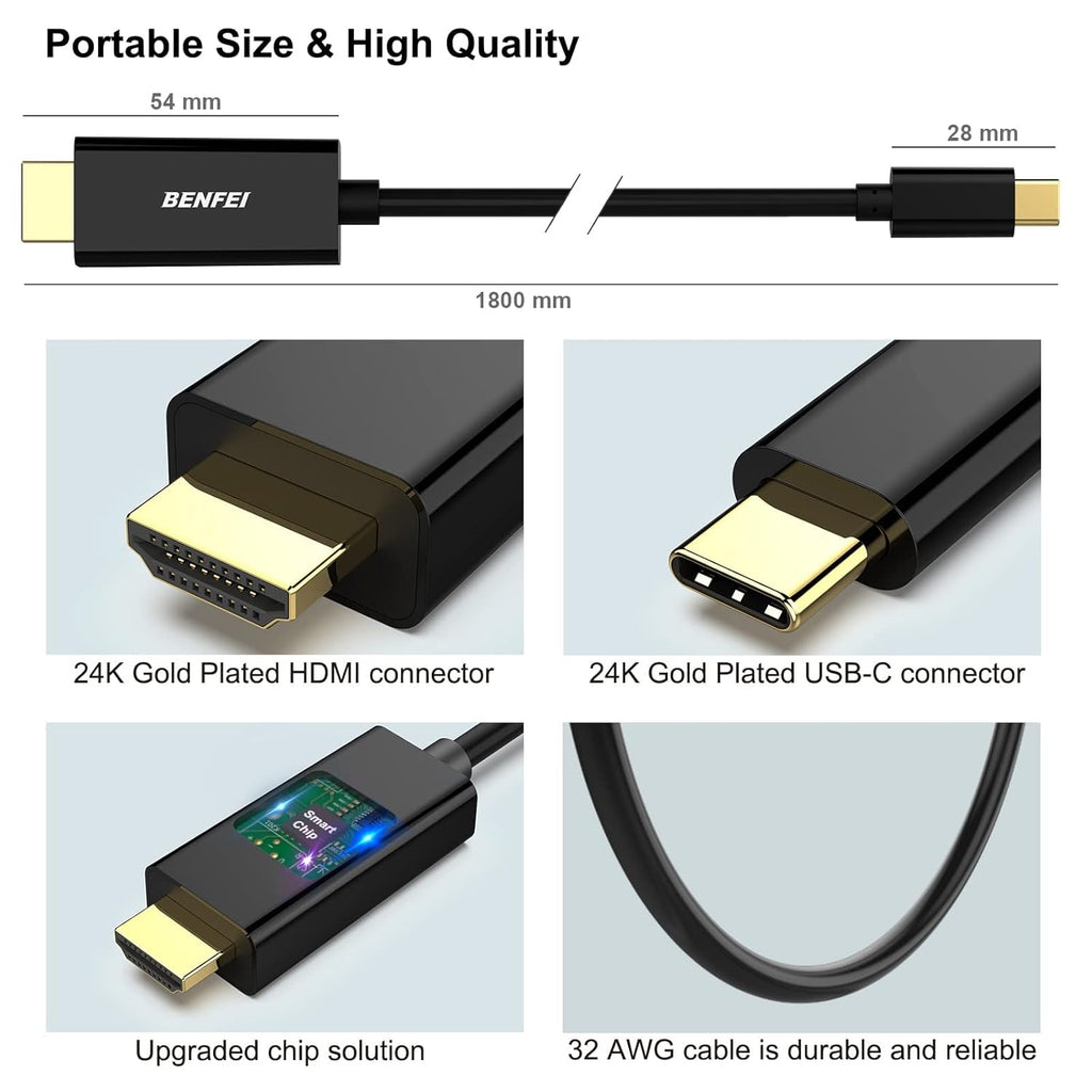 USB C to HDMI 3 Feet Cable, USB Type-C to HDMI Cable, Thunderbolt 3/4 Compatible with Iphone 15 Pro/Max, Macbook Pro/Air 2023, Ipad Pro, Surface Book 2, Galaxy S23