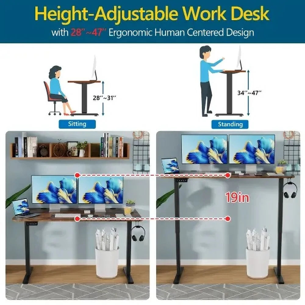 55" X 24" Electric Standing Desk Adjustable Height, 4 Memory Height Settings, Headphone Hook, Cable Manager, Sit Stand up Desk for Home Office & Computer Workstation, (Brown)