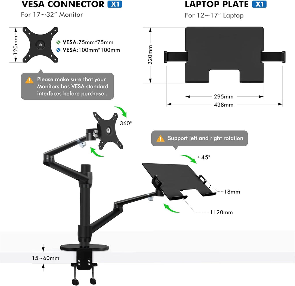 Monitor and Laptop Mount, 2-In-1 Adjustable Dual Arm Desk Mounts Single Desk Arm Stand/Holder for 17 to 32 Inch LCD Computer Screens, Extra Tray Fits 12 to 17 Inch Laptops (Black)