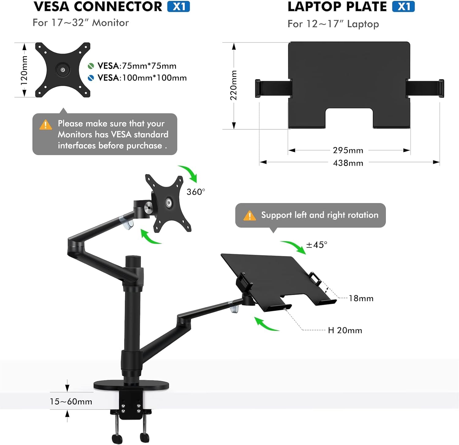Monitor and Laptop Mount, 2-In-1 Adjustable Dual Arm Desk Mounts Single Desk Arm Stand/Holder for 17 to 32 Inch LCD Computer Screens, Extra Tray Fits 12 to 17 Inch Laptops (Black)