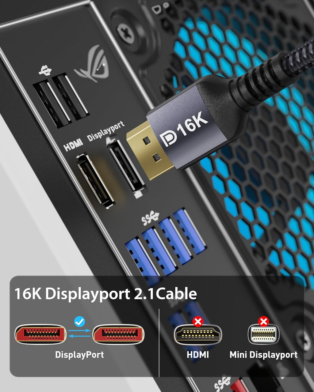 Displayport 2.1 Cable 6.6FT, 80Gbps [16K@60Hz, 8K@120Hz, 4K@240Hz, 1080P@360Hz] HDR, HDCP, DSC 1.2A, Freesync G-Sync DP Cable for Gaming Monitor, RTX 5090, RX 9070, RTX 6000 Ada